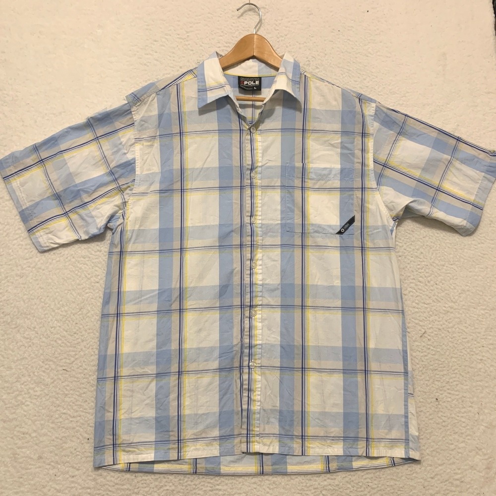 VTG Southpole Plaid Short Sleeve Button Down Shirt Mens L Blue White Yellow Y2K
